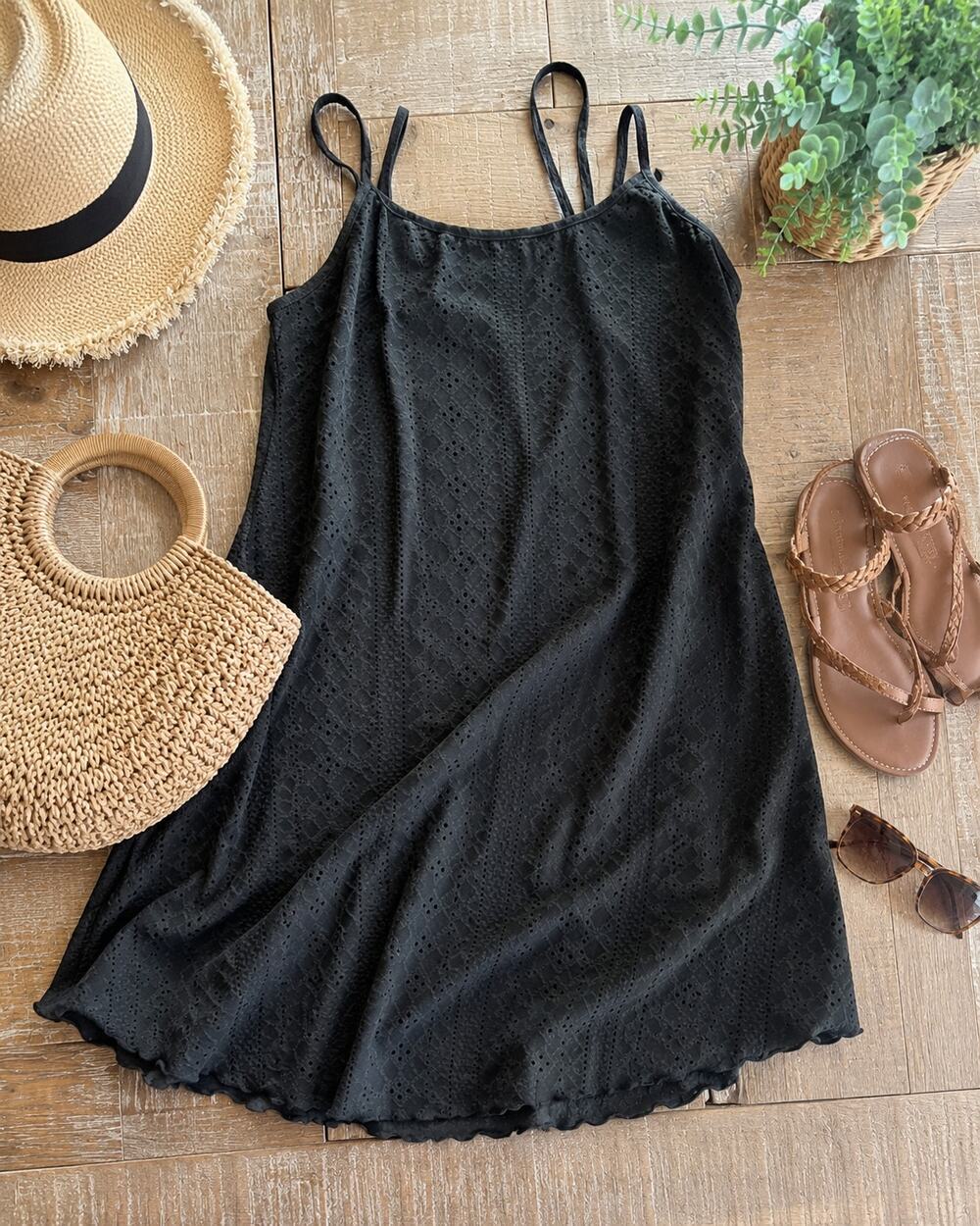 SHEIN Womens Small Black Eyelet Sundress Sleeveless Strappy Mini Dress